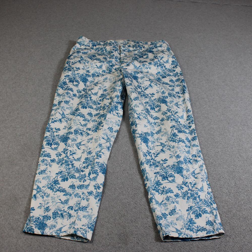 Garnet Hill Pants Women 10 Blue Floral Bird Chino Ankle Cropped Cotton Coastal